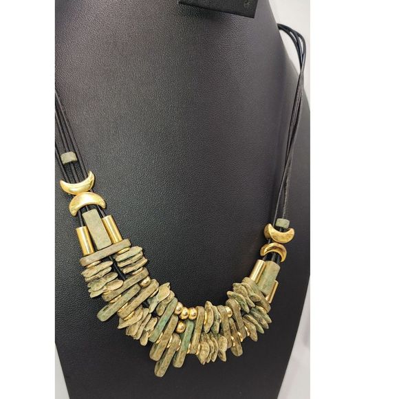 Olive Green Stone Beaded Bib Necklace with Gold Half Moons - Picture 2 of 7